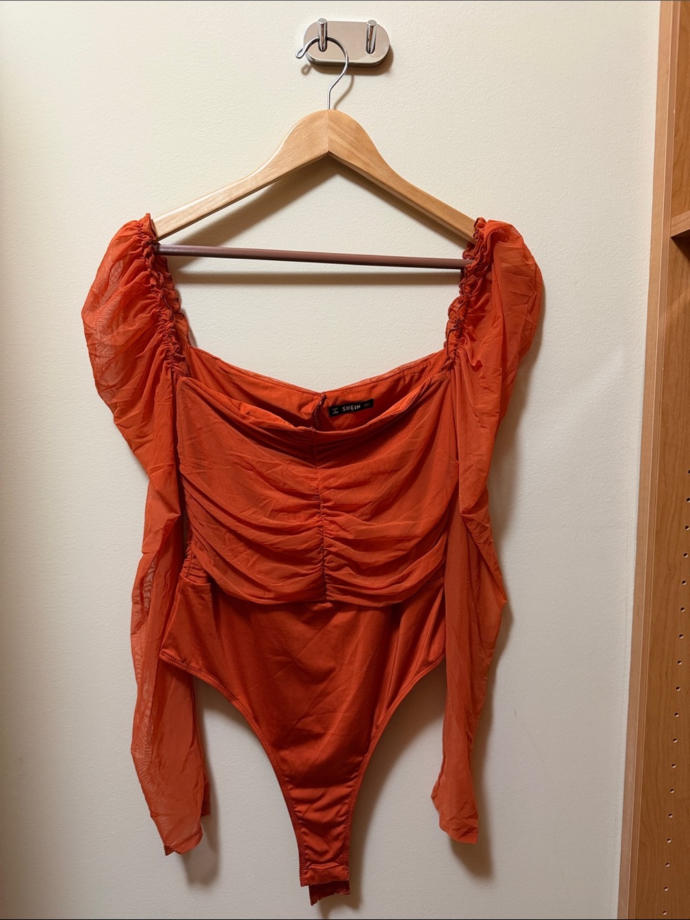 SHEIN Rust Orange Ruched Square Neck Bodysuit